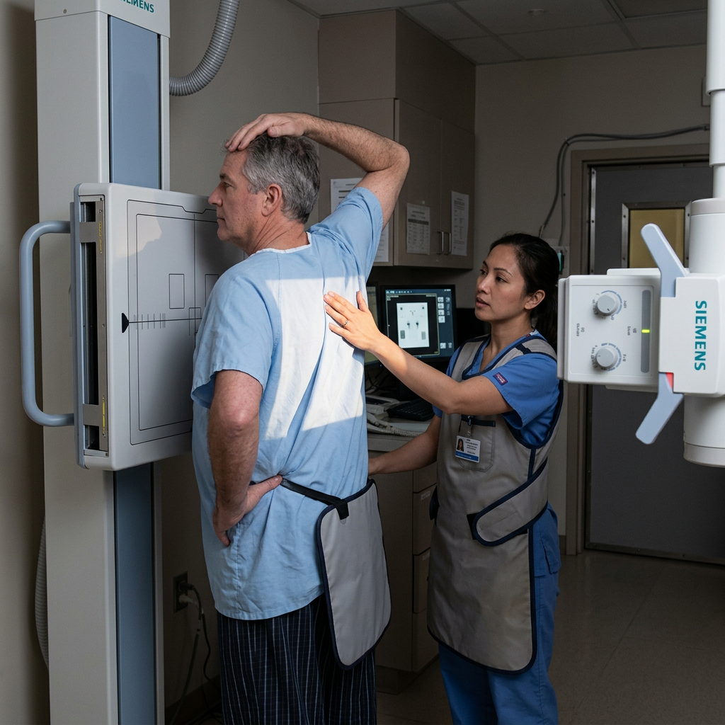 Paciente posicionado para radiografia de tórax em oblíqua posterior